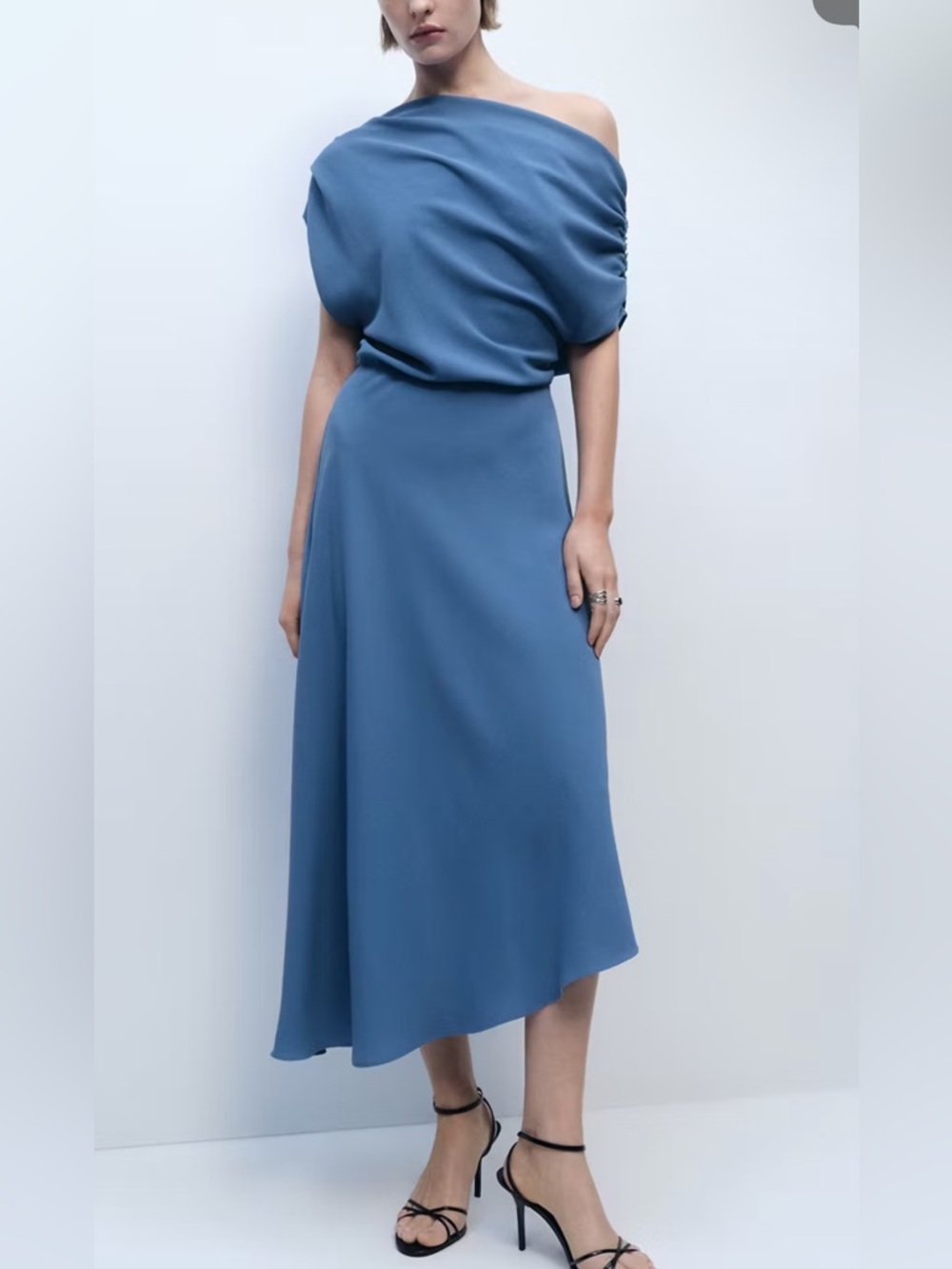 Mango One-Shoulder Dusty Blue Midi Dress